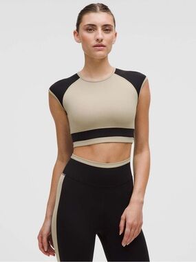 lululemon athletica Beige and Black Colorblock Cropped Cap-Sleeve Top